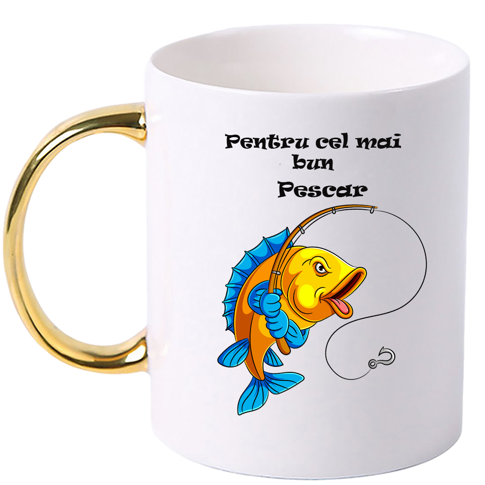 Cana personalizata cu maner colorat, Auriu, ”Cana pentru cel mai bun Pescar”, 330 ml - imagine 2