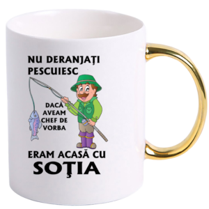 Cana personalizata cu maner colorat, Auriu, ”Cana pentru cel mai bun Pescar”, 330 ml