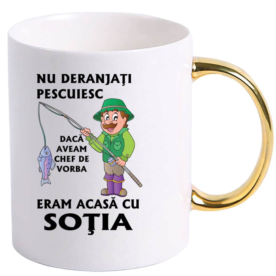 Cana personalizata cu maner colorat, Auriu, ”Cana pentru cel mai bun Pescar”, 330 ml