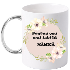 Cana personalizata cu maner colorat, ARGINTIU, ”Cana pentru cea mai iubita Mamica”, 330 ml
