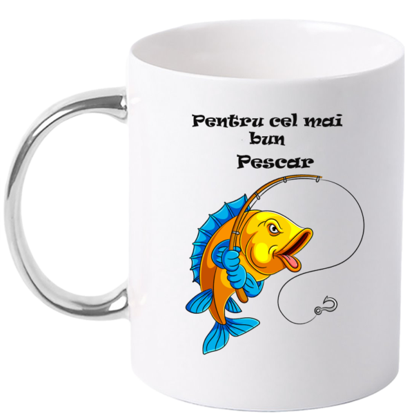 Cana personalizata cu maner colorat, ARGINTIU, ”Cana pentru cel mai bun Pescar”, 330 ml - imagine 2