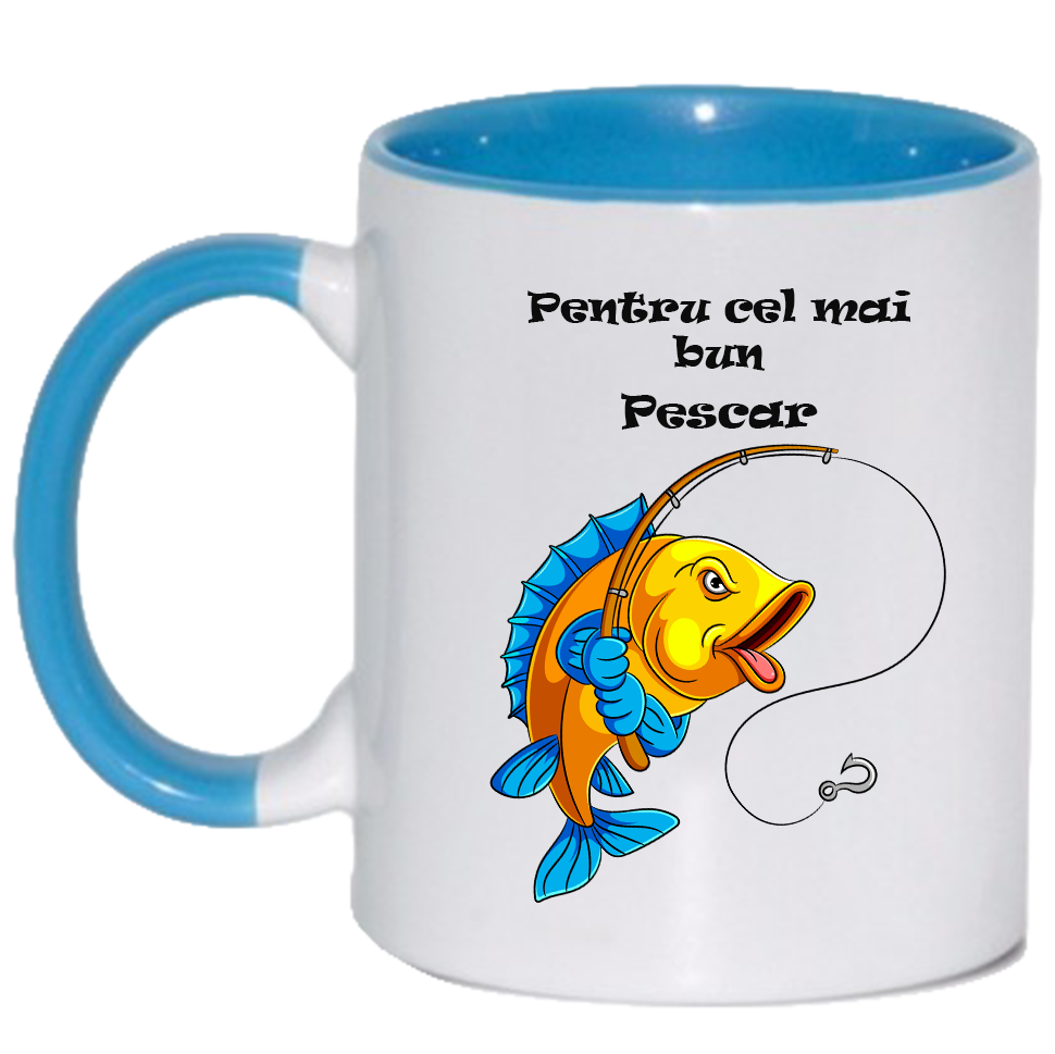 Cana personalizata cu interior si maner colorat, ALBASTRU, ”Cana pentru cel mai bun Pescar”, 330 ml - imagine 2
