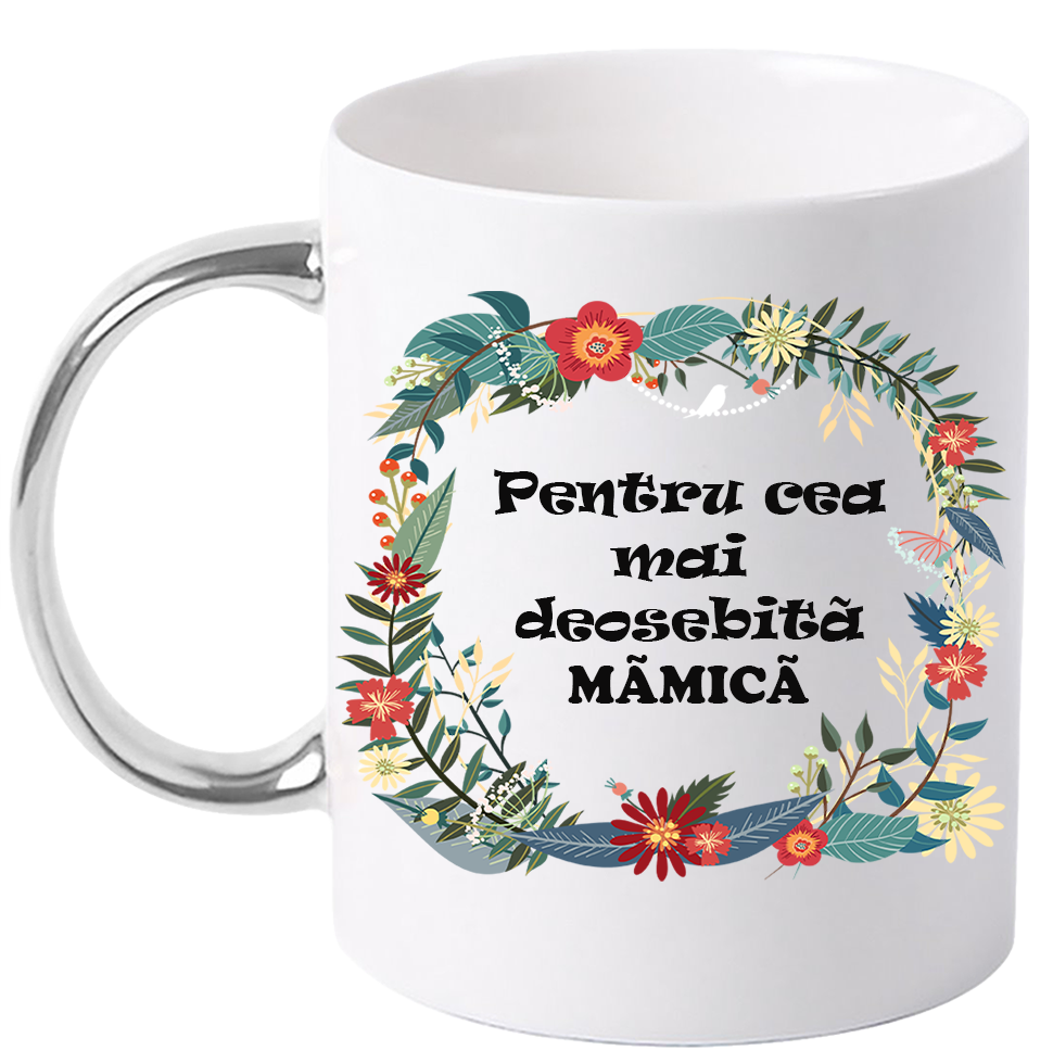 Cana personalizata cu maner colorat, ARGINTIU, ”Cana pentru cea mai deosebita Mamica”, 330 ml