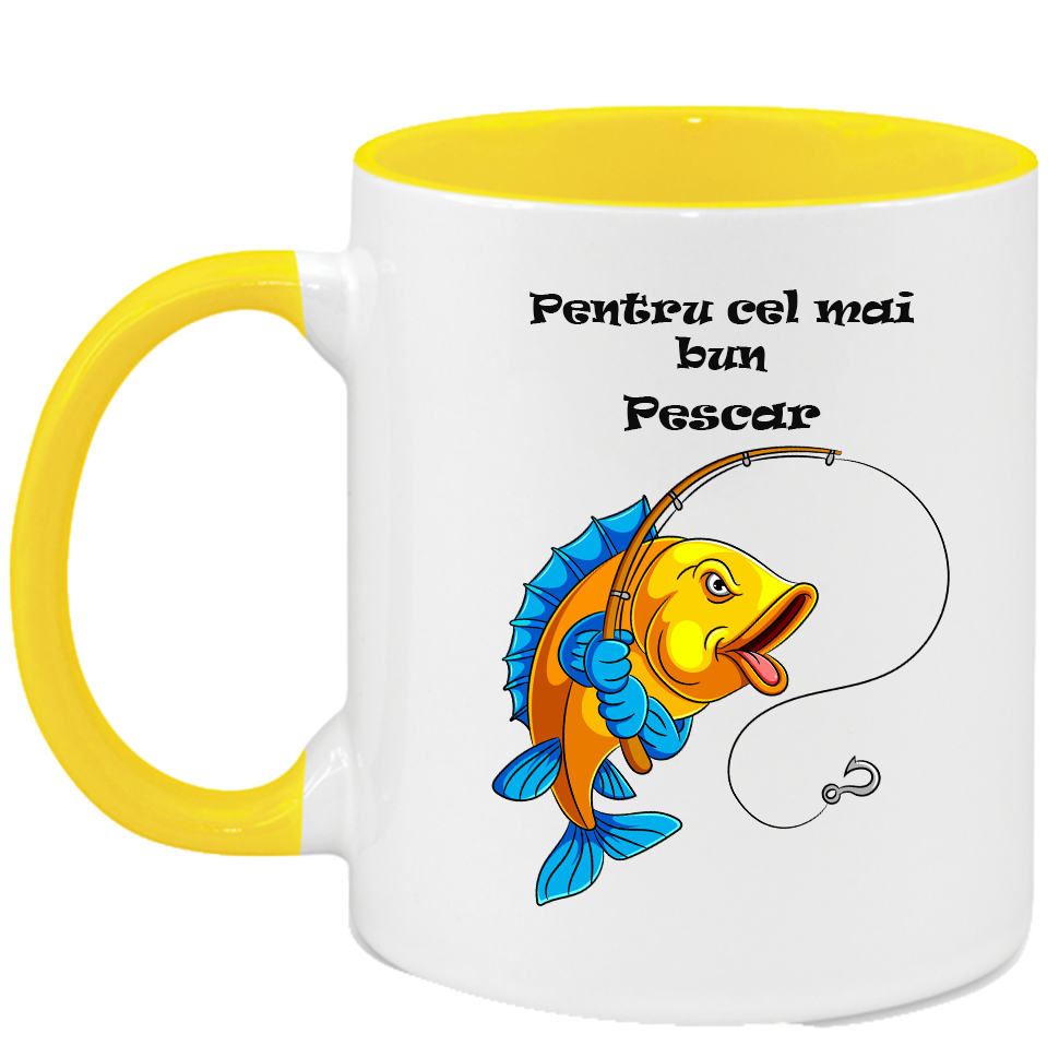Cana personalizata cu interior si maner colorat, GALBEN, ”Cana pentru cel mai bun Pescar”, 330 ml - imagine 2