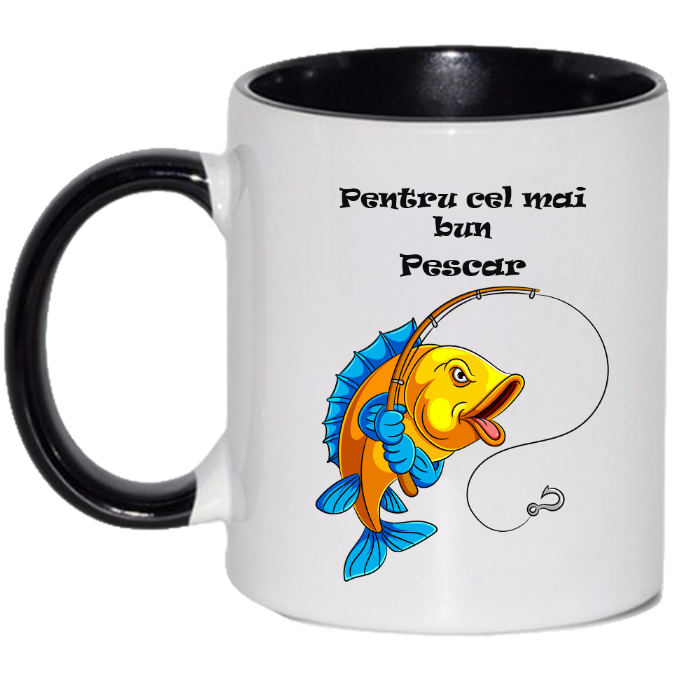 Cana personalizata cu interior si maner colorat, NEGRU, ”Cana pentru cel mai bun Pescar”, 330 ml - imagine 2