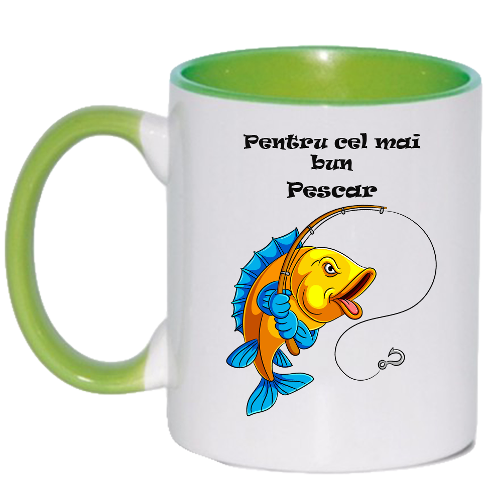Cana personalizata cu interior si maner colorat, VERDE, ”Cana Pentru cel mai bun Pescar”, 330 ml - imagine 2