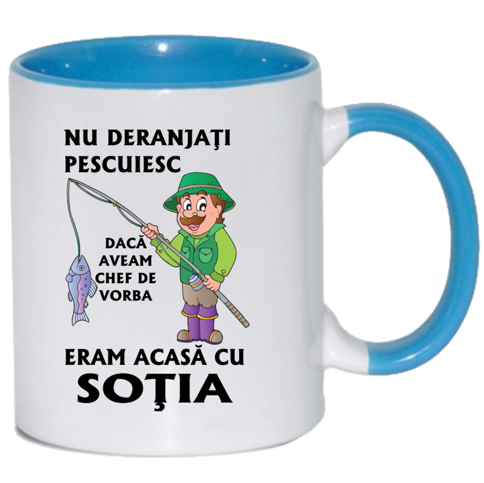 Cana personalizata cu interior si maner colorat, ALBASTRU, ”Cana pentru cel mai bun Pescar”, 330 ml