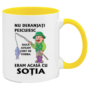 Cana personalizata cu interior si maner colorat, GALBEN, ”Cana pentru cel mai bun Pescar”, 330 ml