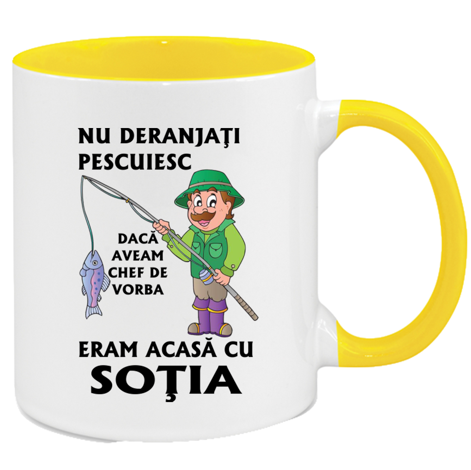 Cana personalizata cu interior si maner colorat, GALBEN, ”Cana pentru cel mai bun Pescar”, 330 ml
