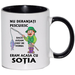 Cana personalizata cu interior si maner colorat, NEGRU, ”Cana pentru cel mai bun Pescar”, 330 ml