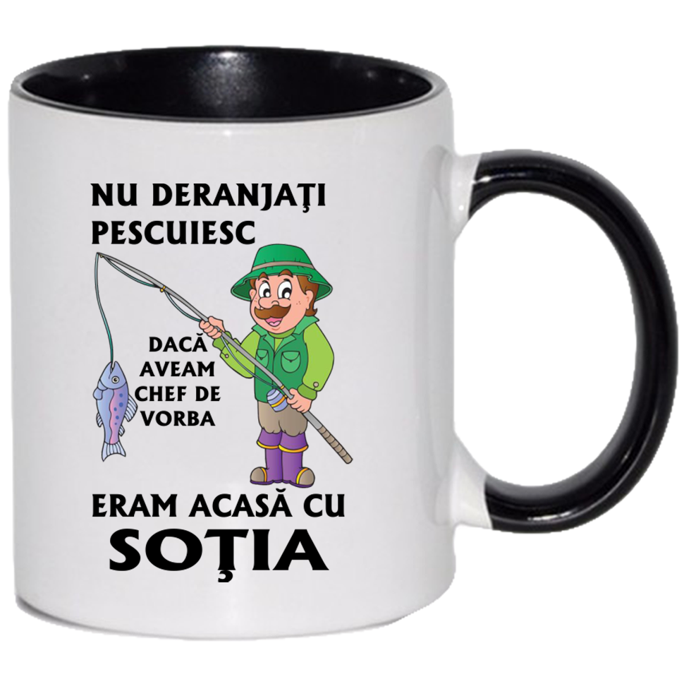 Cana personalizata cu interior si maner colorat, NEGRU, ”Cana pentru cel mai bun Pescar”, 330 ml