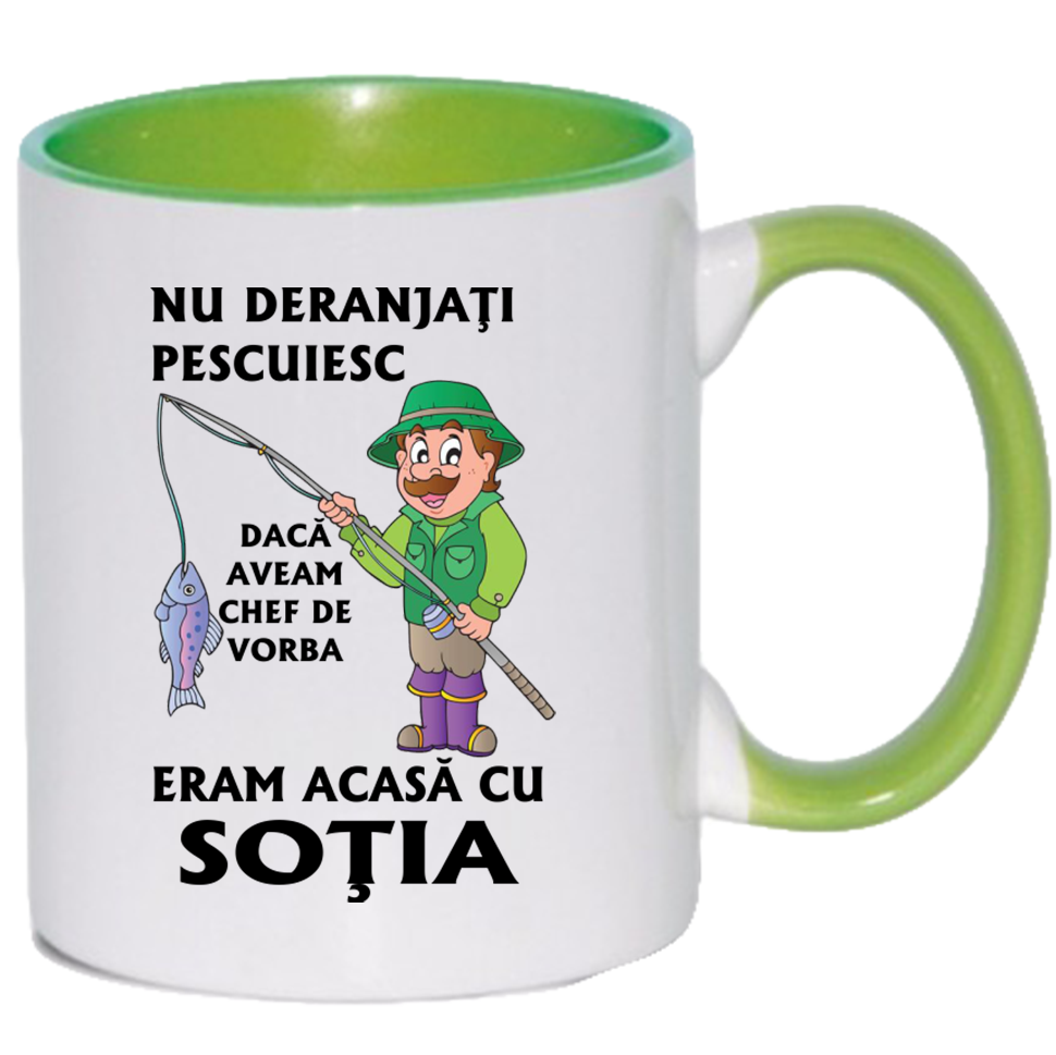 Cana personalizata cu interior si maner colorat, VERDE, ”Cana Pentru cel mai bun Pescar”, 330 ml