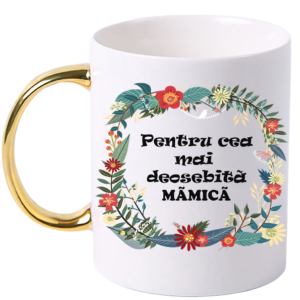 Cana personalizata cu maner colorat, Auriu, ”Cana pentru cea mai deosebita Mamica”, 330 ml