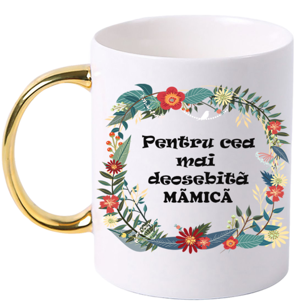 Cana personalizata cu maner colorat, Auriu, ”Cana pentru cea mai deosebita Mamica”, 330 ml