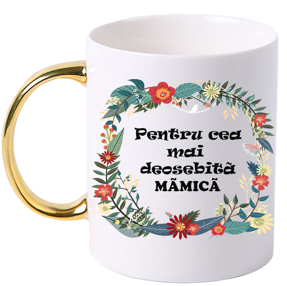 Cana personalizata cu maner colorat, Auriu, ”Cana pentru cea mai deosebita Mamica”, 330 ml