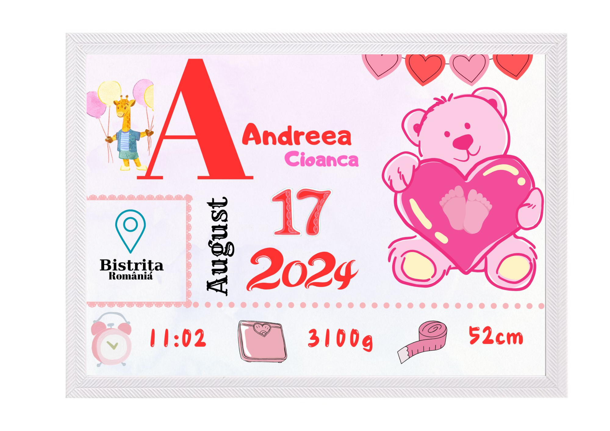 Tablou Personalizat cu Datele de Naștere ale Copilului – Dimensiune 30x40 cm - imagine 12