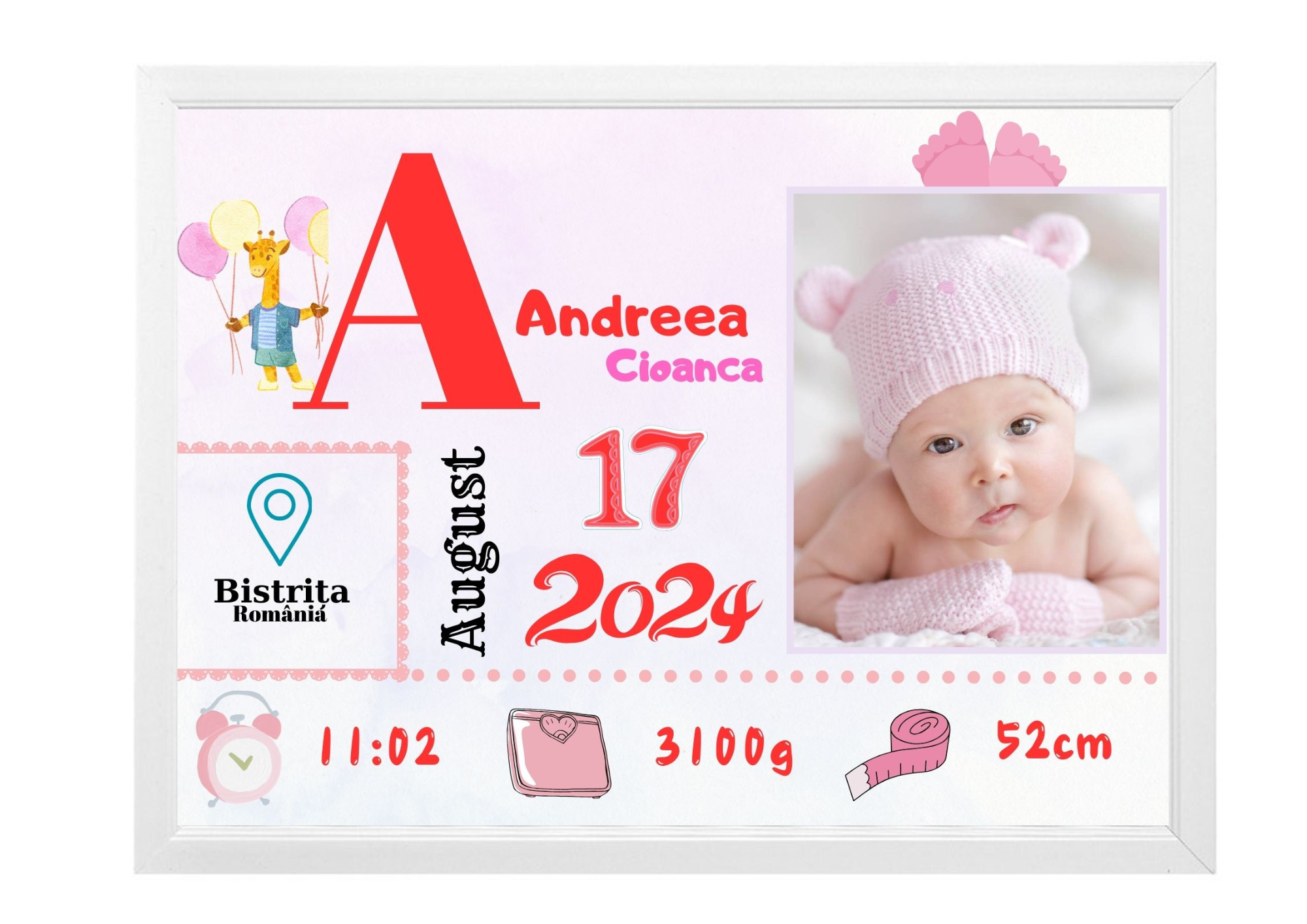 Tablou Personalizat cu Datele de Naștere ale Copilului – Dimensiune 30x40 cm - imagine 7