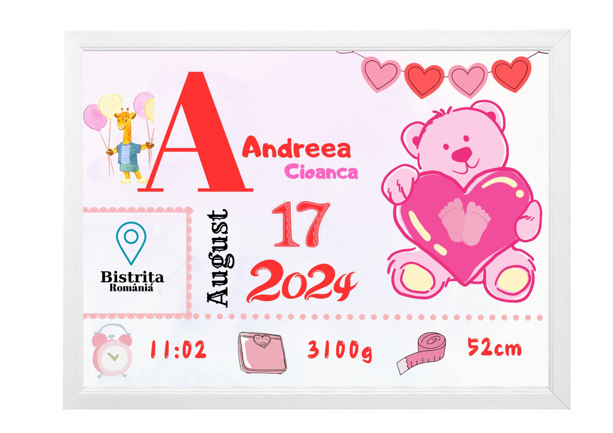 Tablou Personalizat cu Datele de Naștere ale Copilului – Dimensiune 30x40 cm - imagine 6