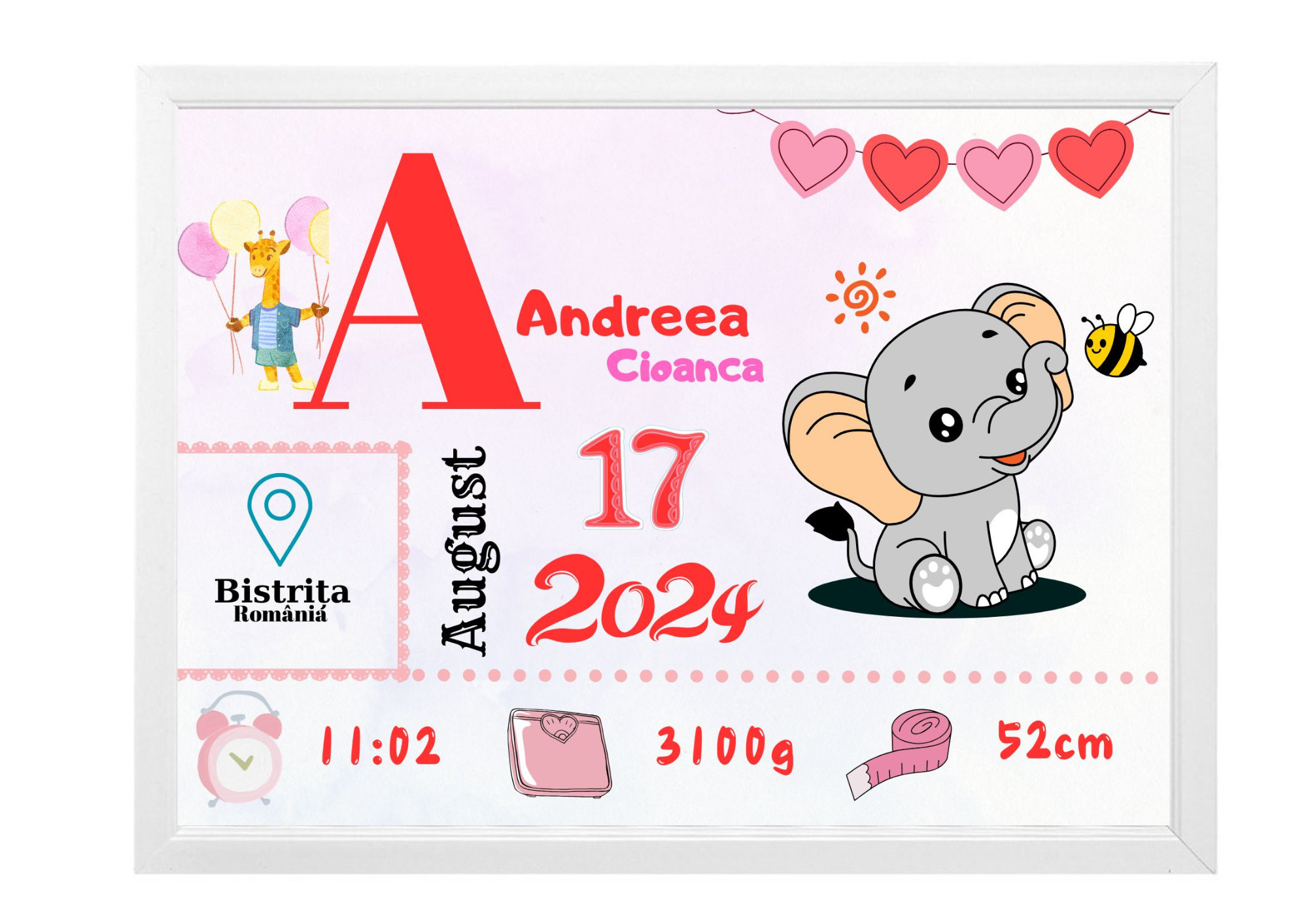Tablou Personalizat cu Datele de Naștere ale Copilului – Dimensiune 30x40 cm - imagine 5