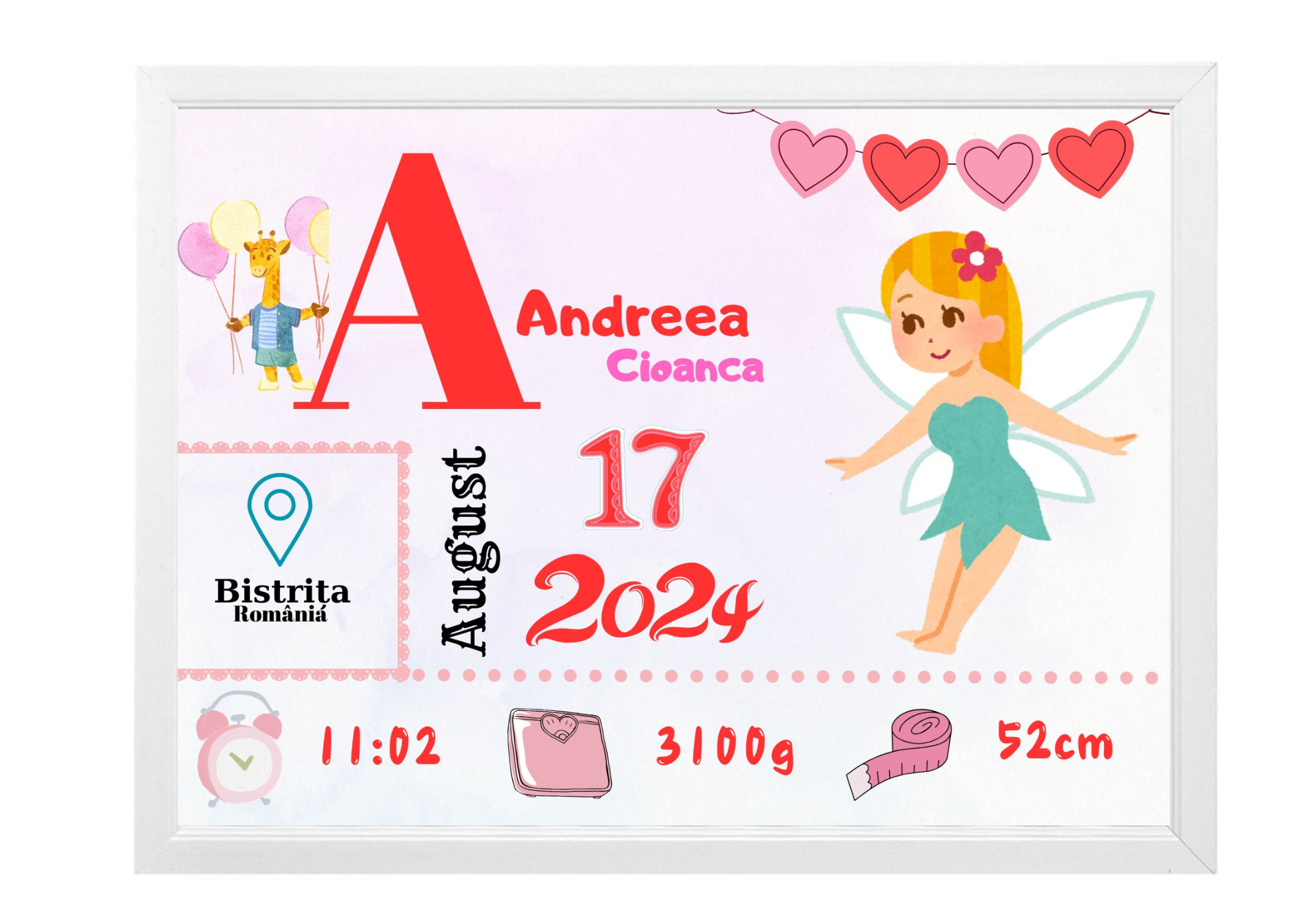 Tablou Personalizat cu Datele de Naștere ale Copilului – Dimensiune 30x40 cm - imagine 4
