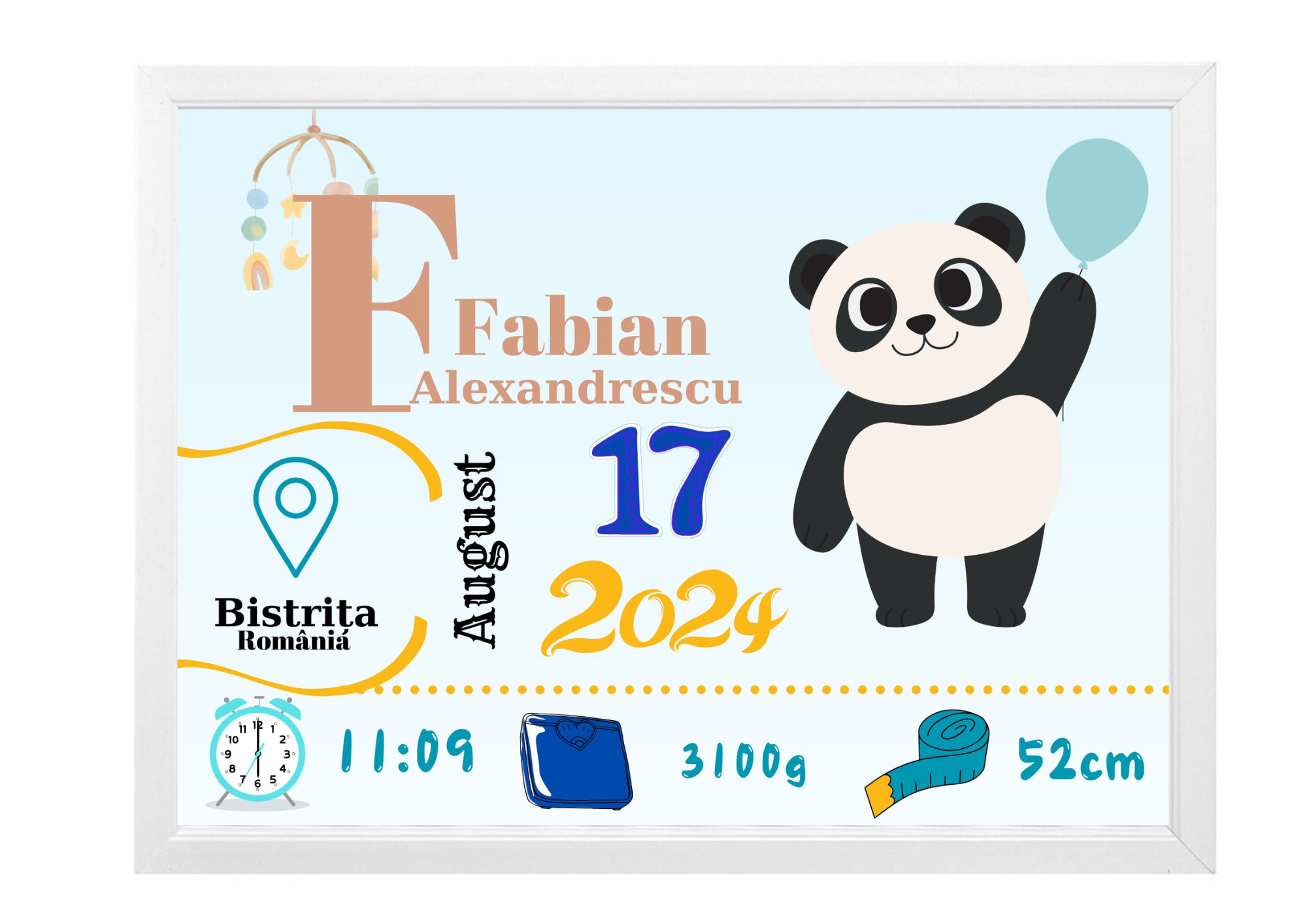 Tablou Personalizat cu Datele de Naștere ale Copilului – Dimensiune 30x40 cm - imagine 2