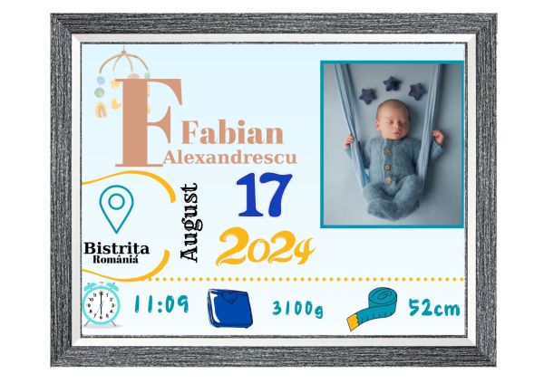 Tablou Personalizat cu Datele de Naștere ale Copilului – Dimensiune 30x40 cm