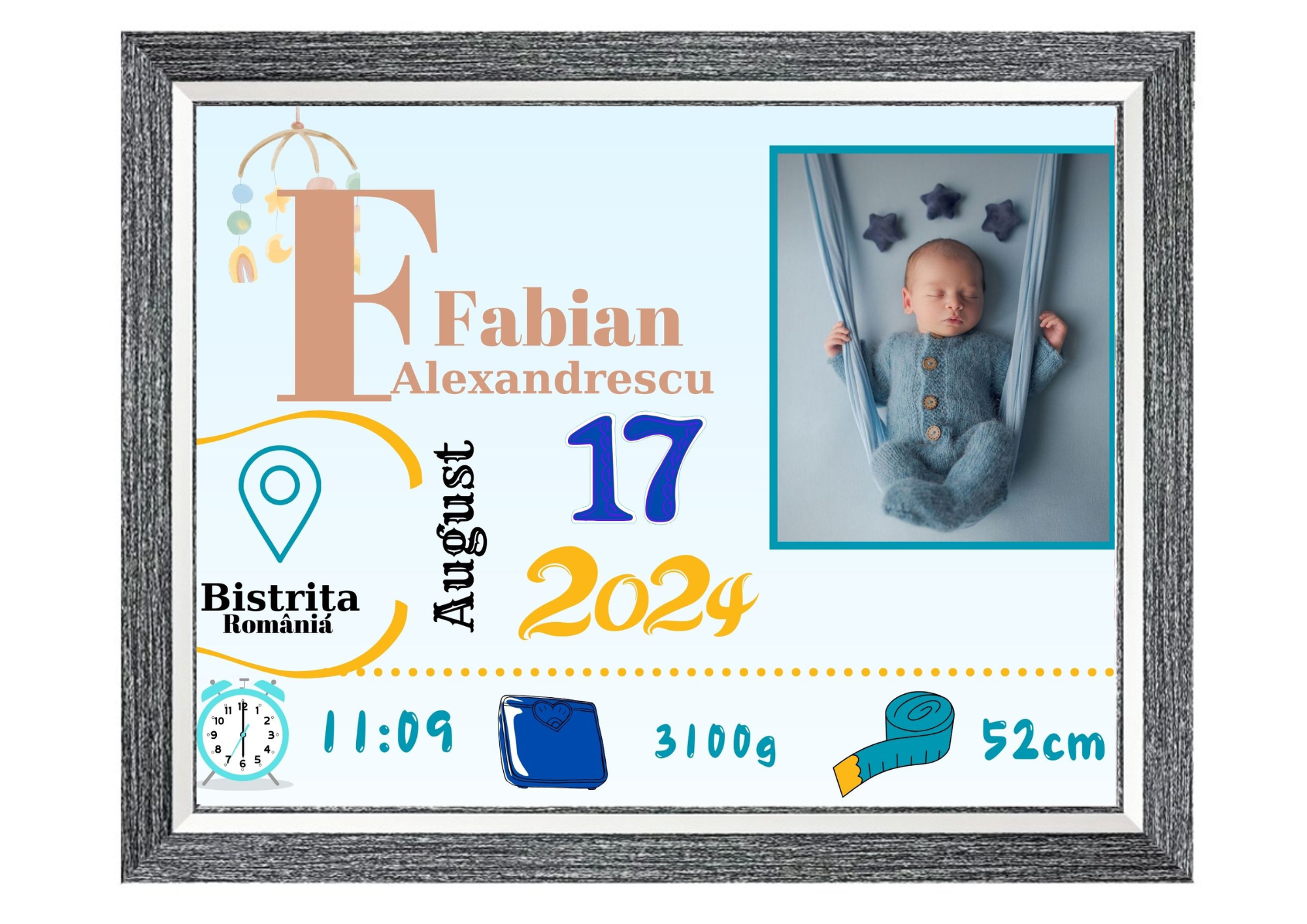 Tablou Personalizat cu Datele de Naștere ale Copilului – Dimensiune 30x40 cm