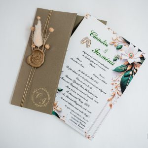 Invitație Nuntă Luxury „Emerald Royal” cu Sigiliu Elegant și Accente Aurii
