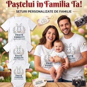 Set tricouri personalizate familie Paște model iepuraș și flori